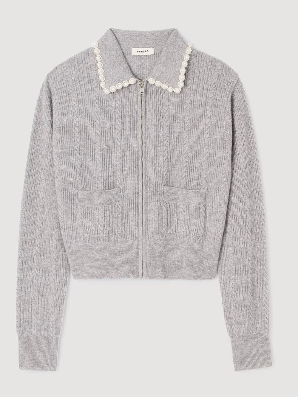 Sandro Light Gray Zip-Front Knit Cardigan with Pearl-Trim Collar size 1 NWT